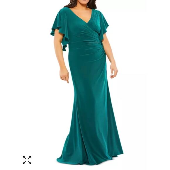 MacDuggal -size 16W Emerald Green Flutter Sleeve‎ Jersey Gown - Picture 1 of 6